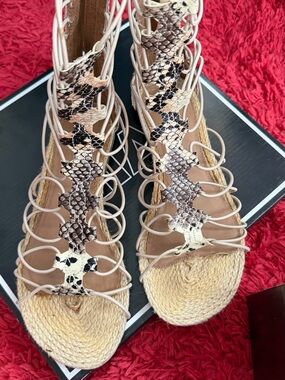 MIA Beige Snake-Print Lace-Up Espadrille Sandals
